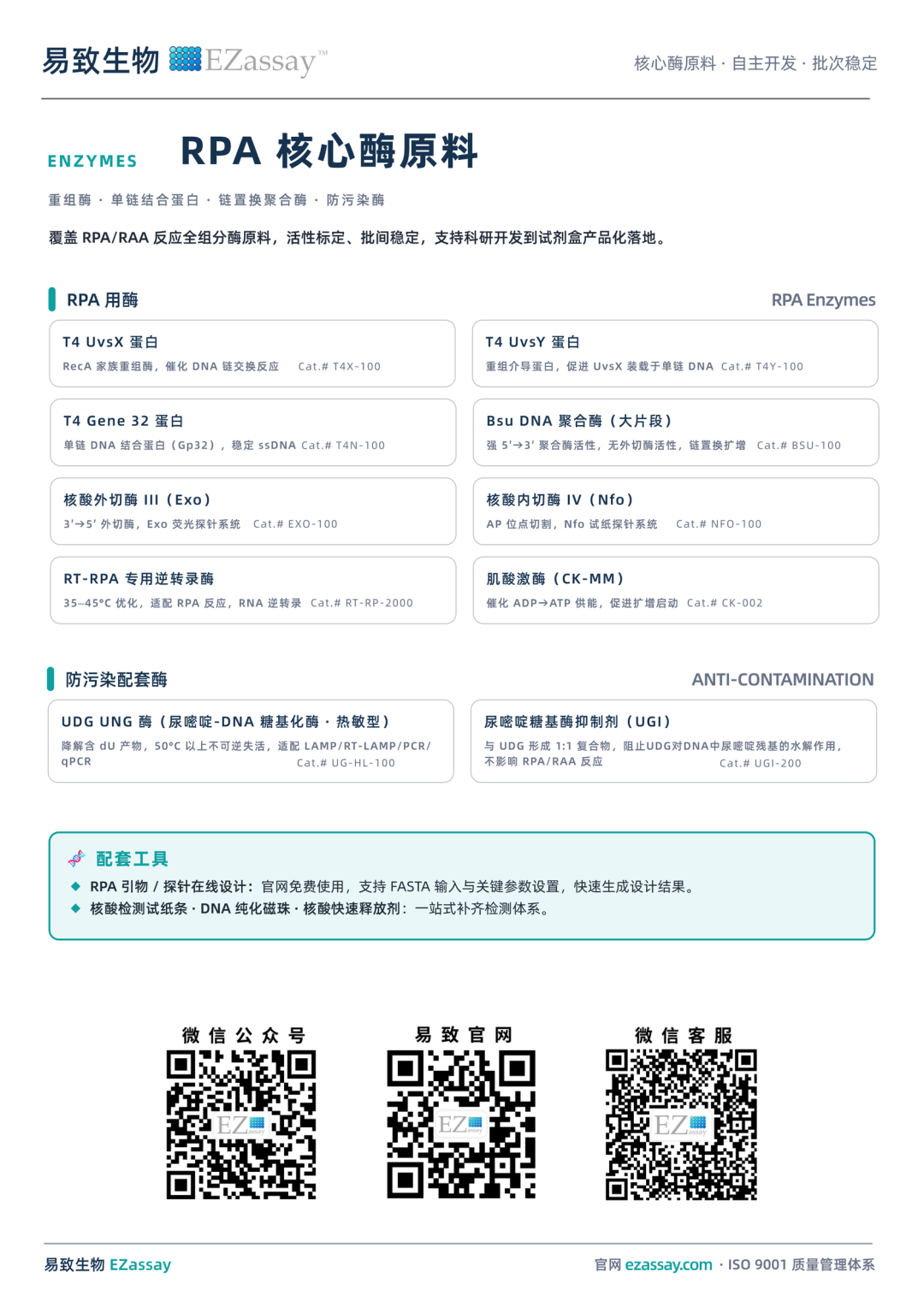 RPA 核心酶原料:T4 UvsX、T4 UvsY、T4 Gene 32、Bsu DNA 聚合酶、核酸内切酶 III / IV、RT-RPA 逆转录酶、肌酸激酶、UDG 与 UGI,以及配套工具